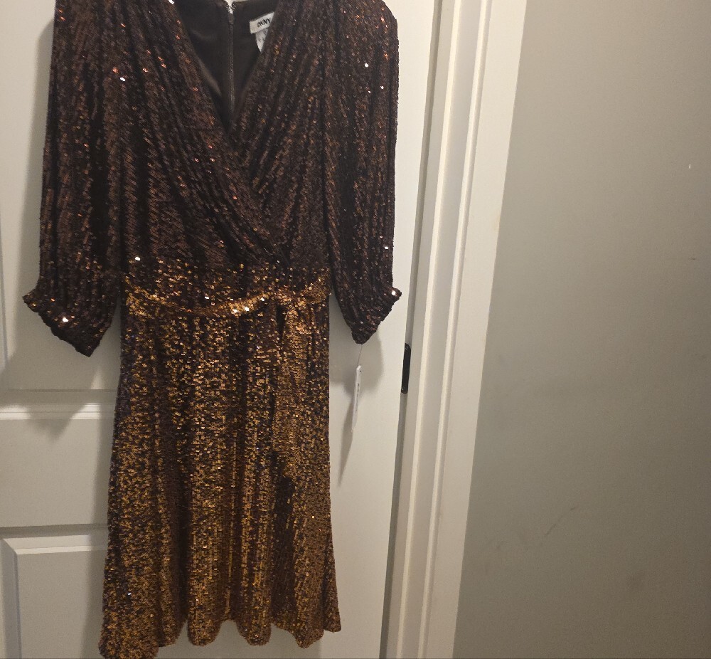 DKNY Two-Tone Bronze Sequin Wrap Midi Dress - Picture 6 of 16